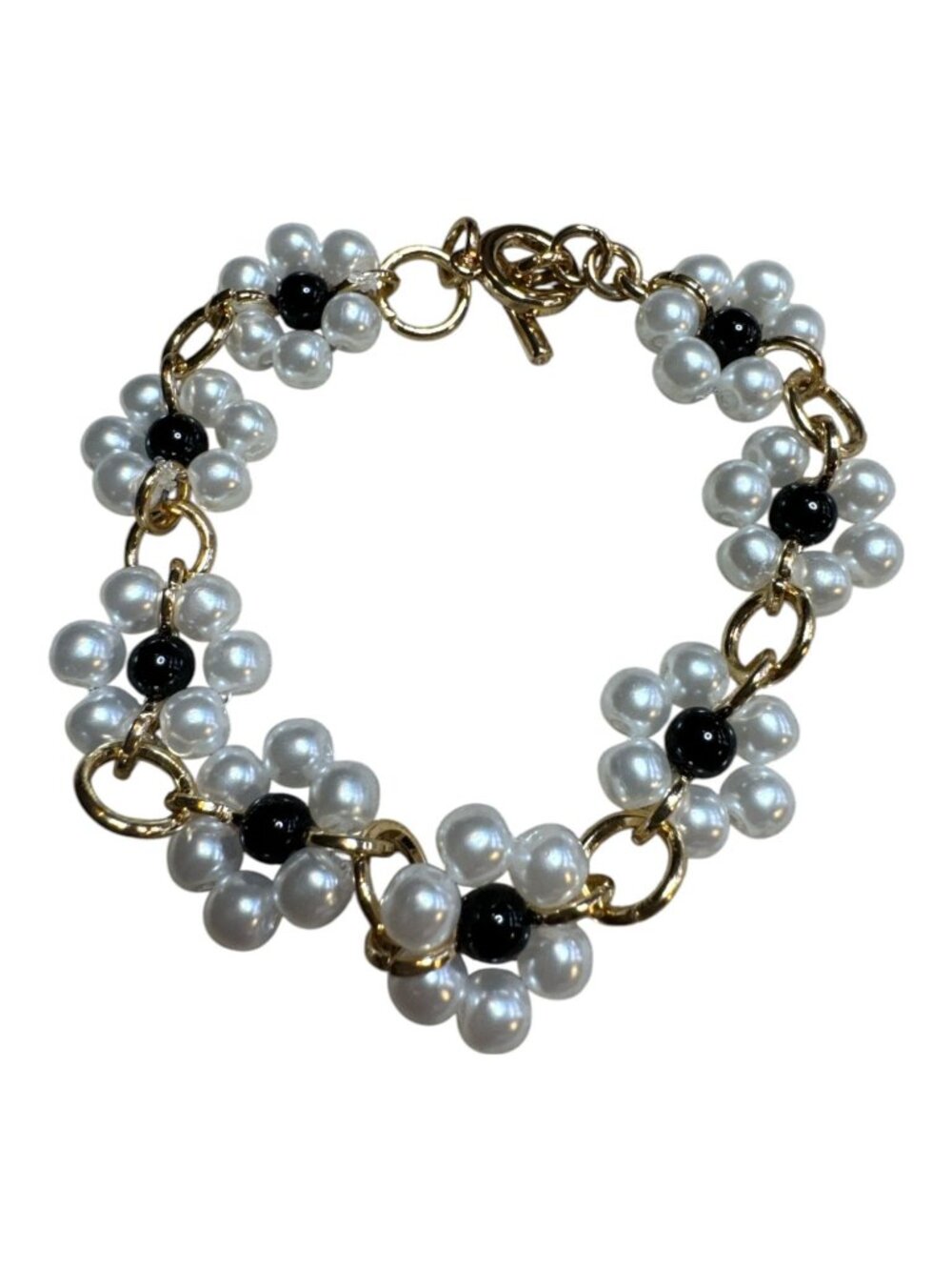 Floral Pearl Beaded Bracelet With Gold Chain Design - Elegant Womens Jewelry